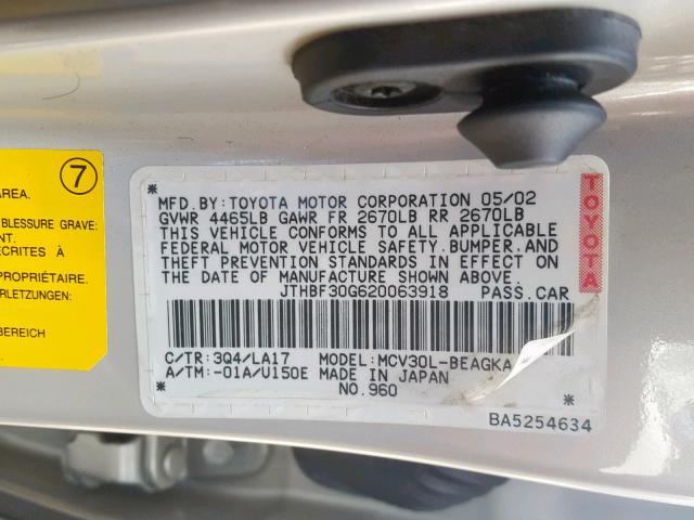 JTHBF30G620063918 - 2002 LEXUS ES 300 SILVER photo 10