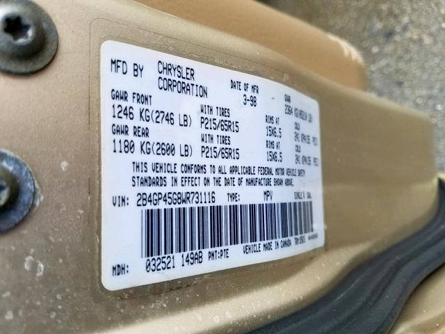 2B4GP45G8WR731116 - 1998 DODGE CARAVAN SE GOLD photo 10