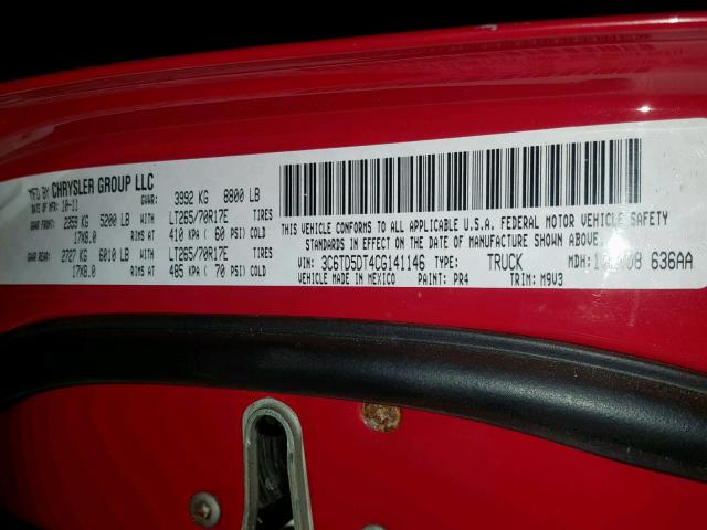 3C6TD5DT4CG141146 - 2012 DODGE RAM 2500 S წითელი ფოტო 10