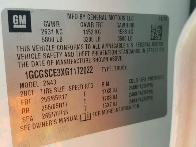 1GCGSCE3XG1172022 - 2016 CHEVROLET COLORADO L WHITE photo 10