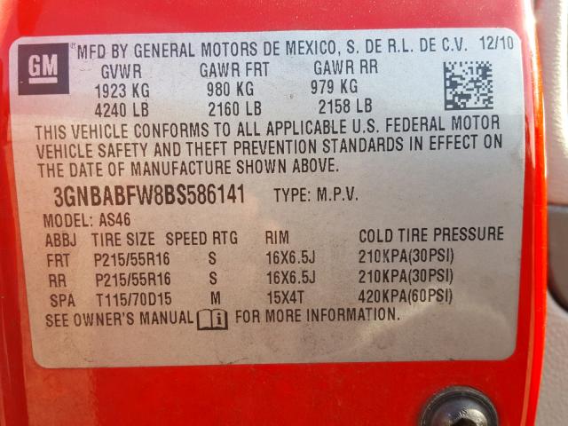 3GNBABFW8BS586141 - 2011 CHEVROLET HHR LT RED photo 10