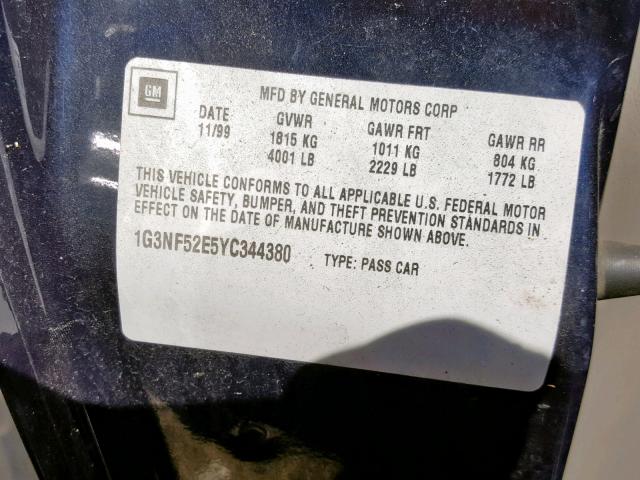 1G3NF52E5YC344380 - 2000 OLDSMOBILE ALERO GLS BLUE photo 10