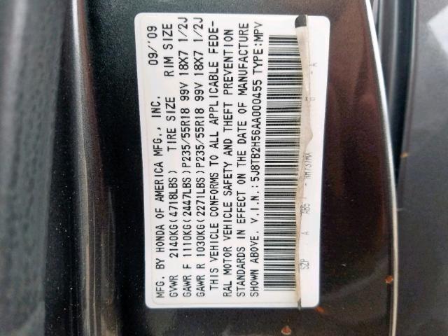 5J8TB2H56AA000455 - 2010 ACURA RDX TECHNO GRAY photo 10