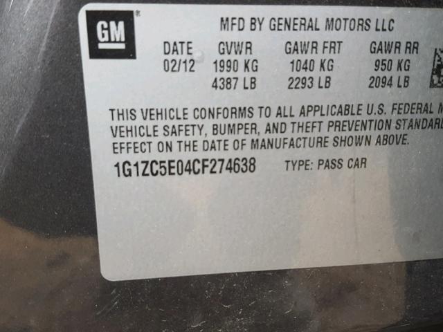 1G1ZC5E04CF274638 - 2012 CHEVROLET MALIBU 1LT GRAY photo 10