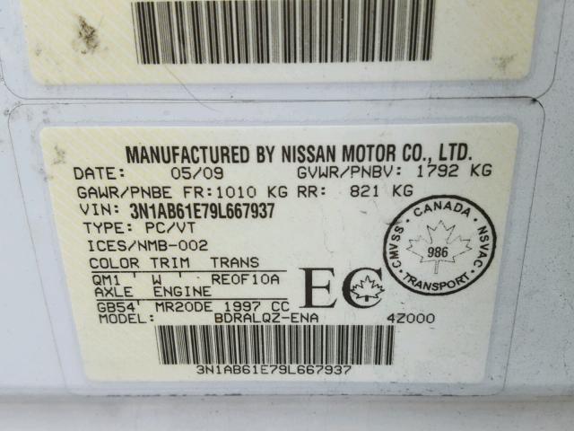 3N1AB61E79L667937 - 2009 NISSAN SENTRA 2.0 WHITE photo 10