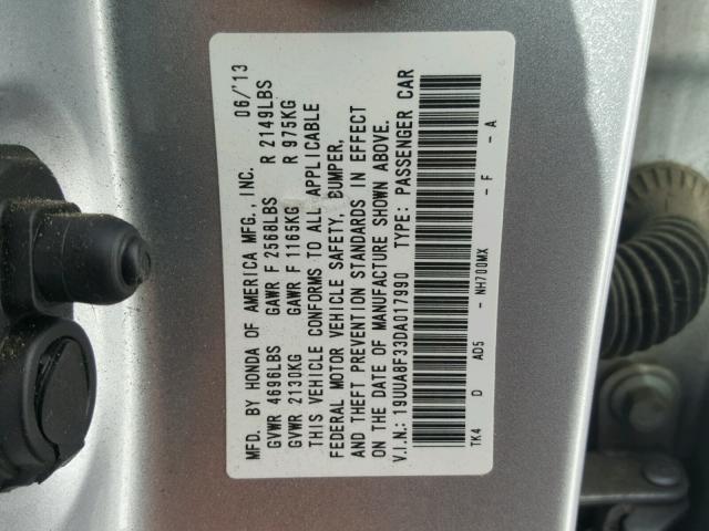 19UUA8F33DA017990 - 2013 ACURA TL SE SILVER photo 10