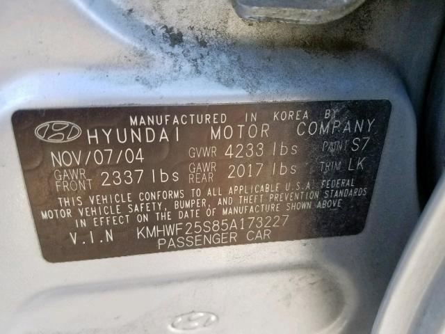 KMHWF25S85A173227 - 2005 HYUNDAI SONATA GL SILVER photo 10