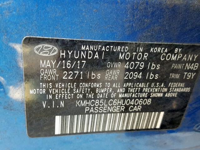 KMHC85LC6HU040608 - 2017 HYUNDAI IONIQ LIMI BLUE photo 10