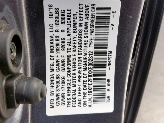 19XFC2F8XKE002312 - 2019 HONDA CIVIC SPOR GRAY photo 10