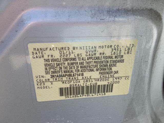 3N1AB6AP4BL671418 - 2011 NISSAN SENTRA 2.0 SILVER photo 10