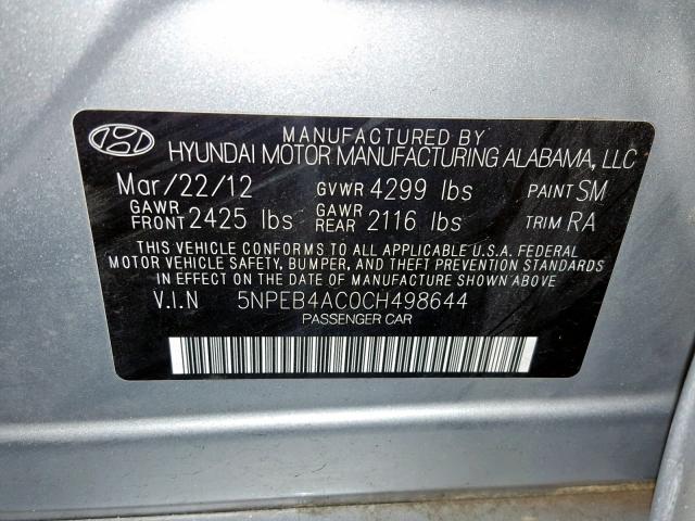 5NPEB4AC0CH498644 - 2012 HYUNDAI SONATA GLS SILVER photo 10