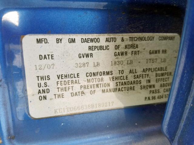 KL1TD66638B189217 - 2008 CHEVROLET AVEO BASE Mavi foto 10