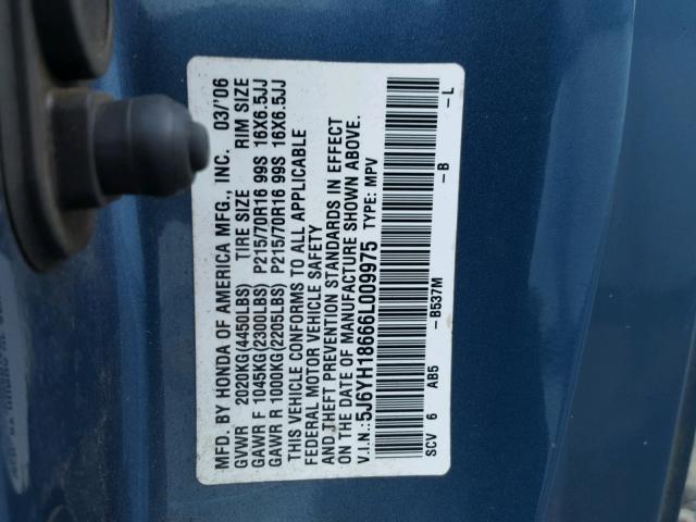 5J6YH18666L009975 - 2006 HONDA ELEMENT EX BLUE photo 10