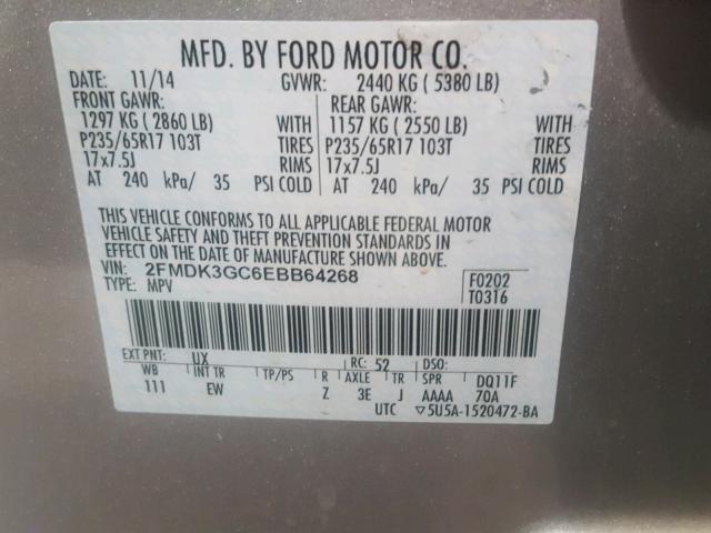 2FMDK3GC6EBB64268 - 2014 FORD EDGE SE SILVER photo 10