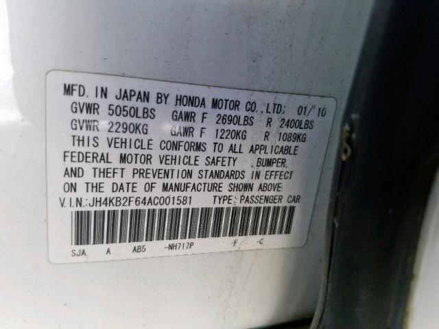 JH4KB2F64AC001581 - 2010 ACURA RL WHITE photo 10