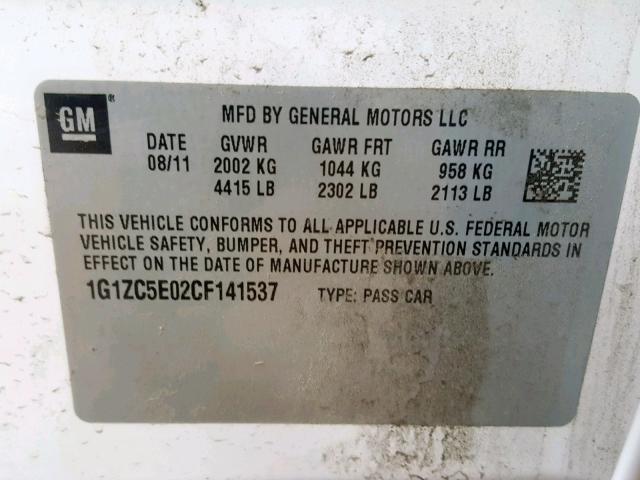 1G1ZC5E02CF141537 - 2012 CHEVROLET MALIBU 1LT WHITE photo 10