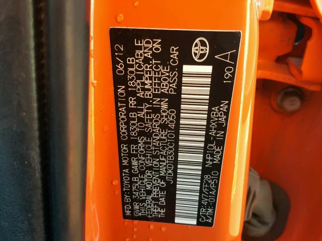 JTDKDTB30C1014050 - 2012 TOYOTA PRIUS C ORANGE photo 10