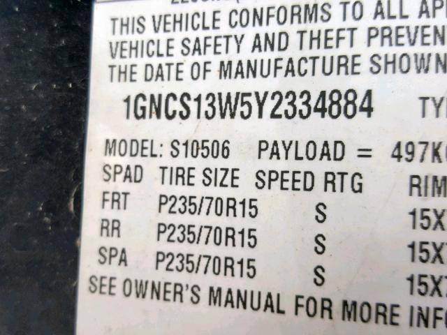 1GNCS13W5Y2334884 - 2000 CHEVROLET BLAZER BLACK photo 10