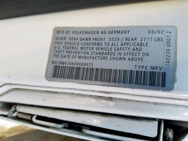 WV2MB47063H000973 - 2003 VOLKSWAGEN EUROVAN MV WHITE photo 10