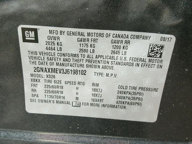 2GNAXMEV3J6198102 - 2018 CHEVROLET EQUINOX PR GRAY photo 10