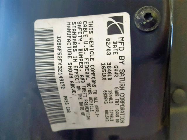 1G8AF52FX3Z149172 - 2003 SATURN ION LEVEL BLACK photo 10