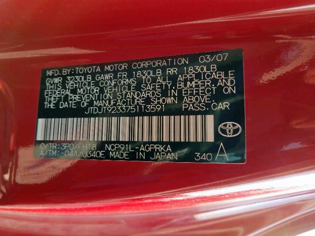 JTDJT923375113591 - 2007 TOYOTA YARIS RED photo 10