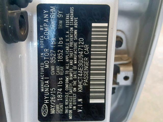 KMHCT4AE3GU947120 - 2016 HYUNDAI ACCENT SE SILVER photo 10