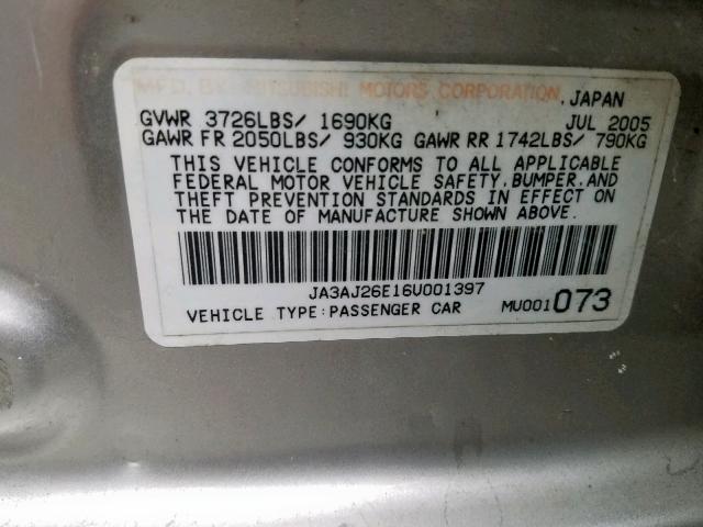 JA3AJ26E16U001397 - 2006 MITSUBISHI LANCER ES SILVER photo 10