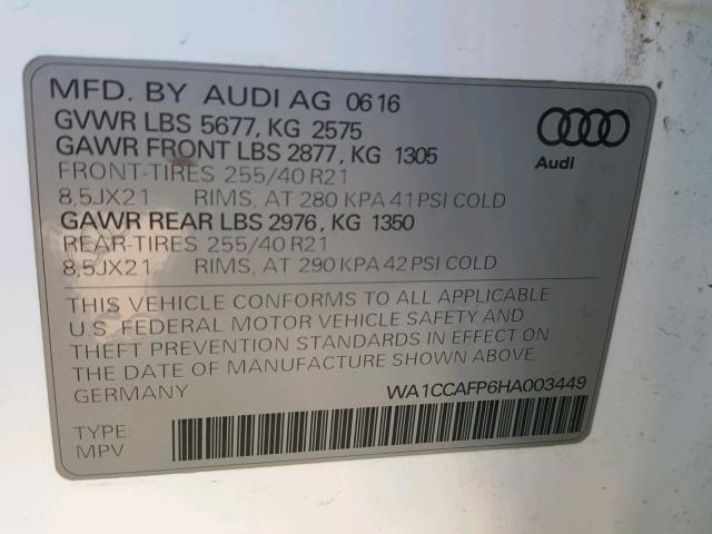 WA1CCAFP6HA003449 - 2017 AUDI SQ5 PREMIU WHITE photo 10