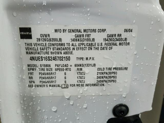 4NUES16S246702150 - 2004 ISUZU ASCENDER S WHITE photo 10