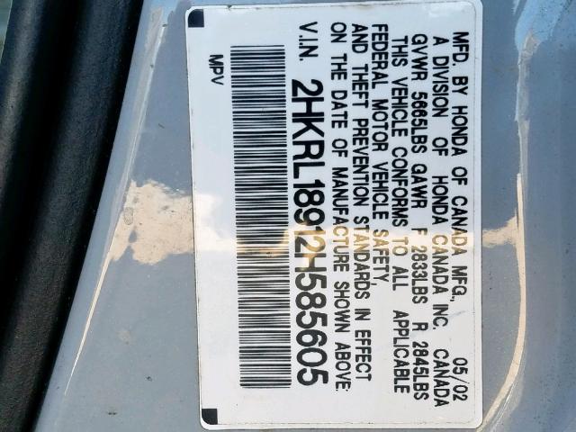 2HKRL18912H585605 - 2002 HONDA ODYSSEY EX SILVER photo 10