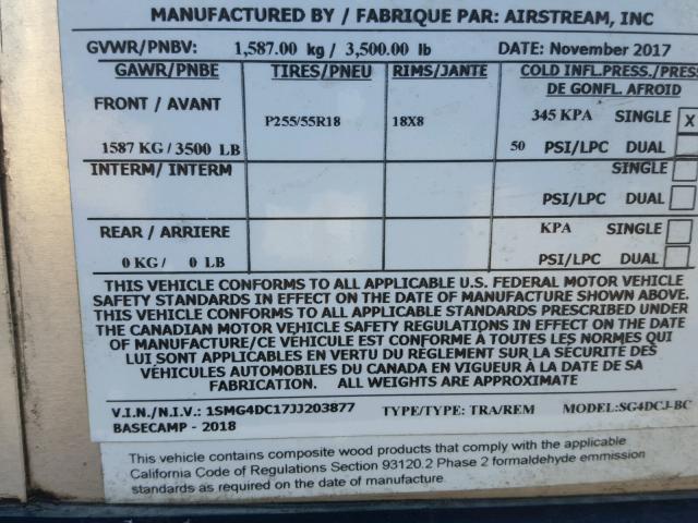 1SMG4DC17JJ203877 - 2018 AIRS TRAVELTRAI SILVER photo 10