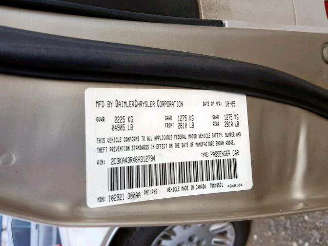 2C3KA43RX6H312794 - 2006 CHRYSLER 300 GOLD photo 10