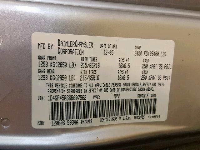 1D4GP45R66B607562 - 2006 DODGE CARAVAN SX SILVER photo 10