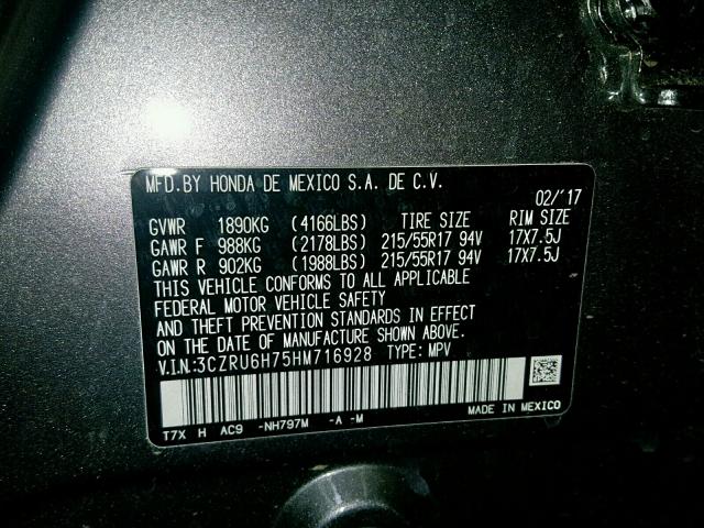 3CZRU6H75HM716928 - 2017 HONDA HR-V EXL GRAY photo 10