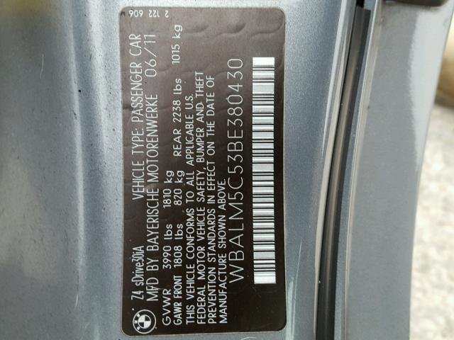 WBALM5C53BE380430 - 2011 BMW Z4 SDRIVE3 GRAY photo 10