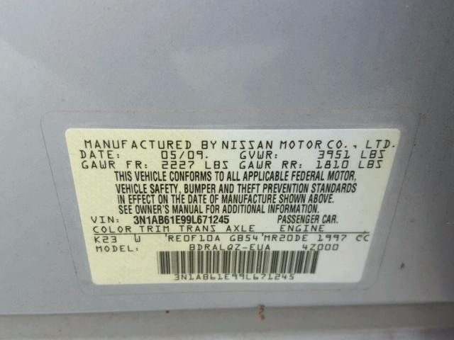 3N1AB61E99L671245 - 2009 NISSAN SENTRA 2.0 SILVER photo 10