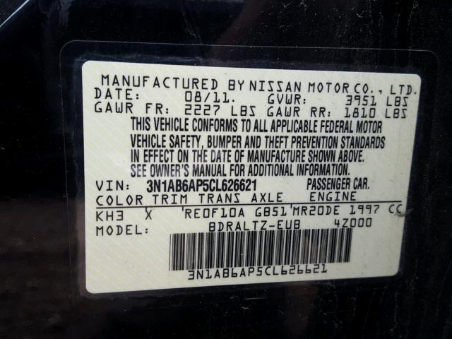 3N1AB6AP5CL626621 - 2012 NISSAN SENTRA 2.0 BLACK photo 10