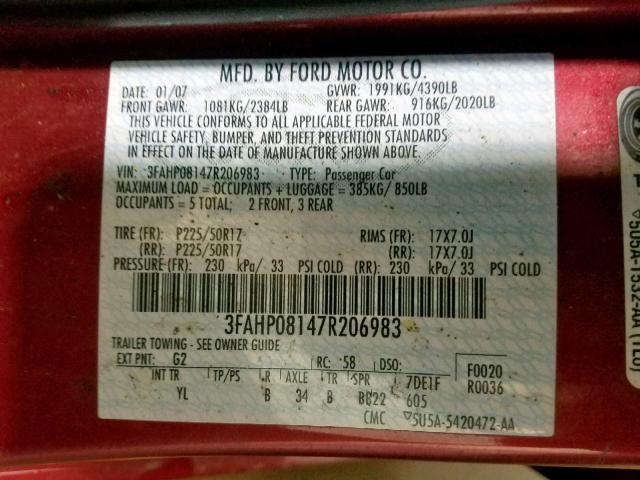 3FAHP08147R206983 - 2007 FORD FUSION SEL RED photo 10