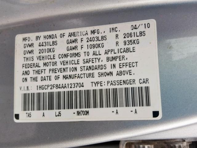 1HGCP2F84AA123704 - 2010 HONDA ACCORD EXL SILVER photo 10