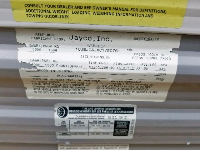 1UJBJ0AJXC17E0761 - 2012 JAYCO SWIFT SLX WHITE photo 10