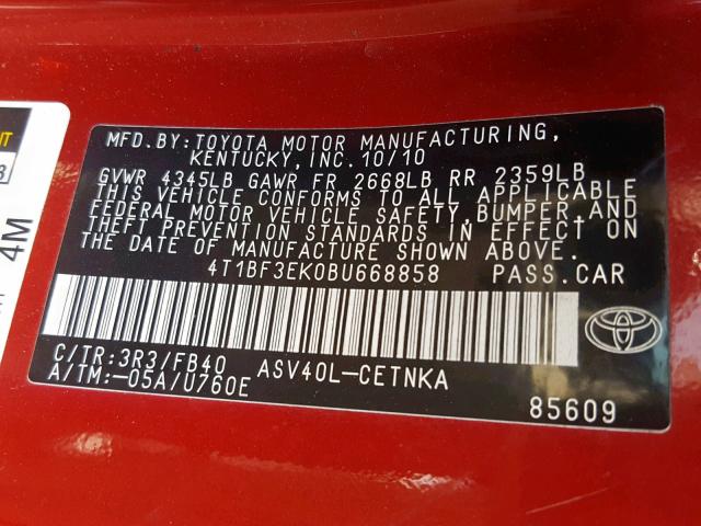 4T1BF3EK0BU668858 - 2011 TOYOTA CAMRY BASE RED photo 10