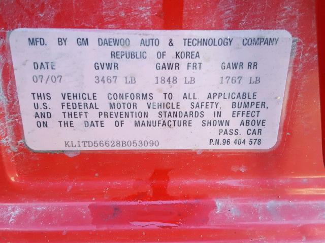KL1TD56628B053090 - 2008 CHEVROLET AVEO BASE Қызыл фото 10