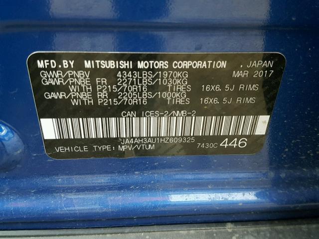 JA4AH3AU1HZ609325 - 2017 MITSUBISHI RVR SE BLUE photo 10