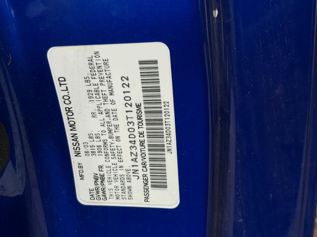 JN1AZ34D03T120122 - 2003 NISSAN 350Z COUPE BLUE photo 10