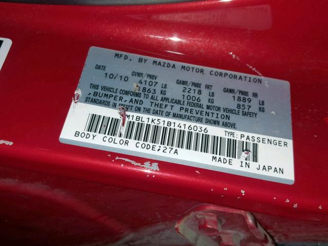 JM1BL1K51B1416036 - 2011 MAZDA 3 S RED photo 10