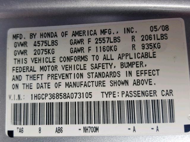 1HGCP36858A073105 - 2008 HONDA ACCORD EXL SILVER photo 10