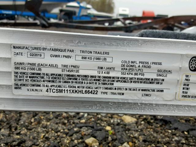 4TCSM111XKHL66422 - 2019 TRIT TRAILER SILVER photo 10