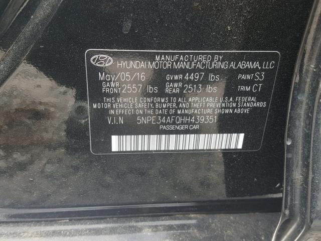 5NPE34AF0HH439351 - 2017 HYUNDAI SONATA SPO BLACK photo 10