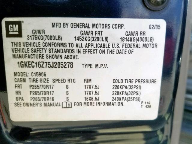 1GKEC16Z75J205278 - 2005 GMC YUKON XL C BLUE photo 10